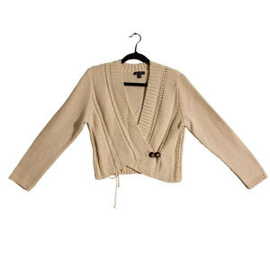 New Belamie Cream Wool Cropped Chunky Sweater Front Button Long Sleeve Large